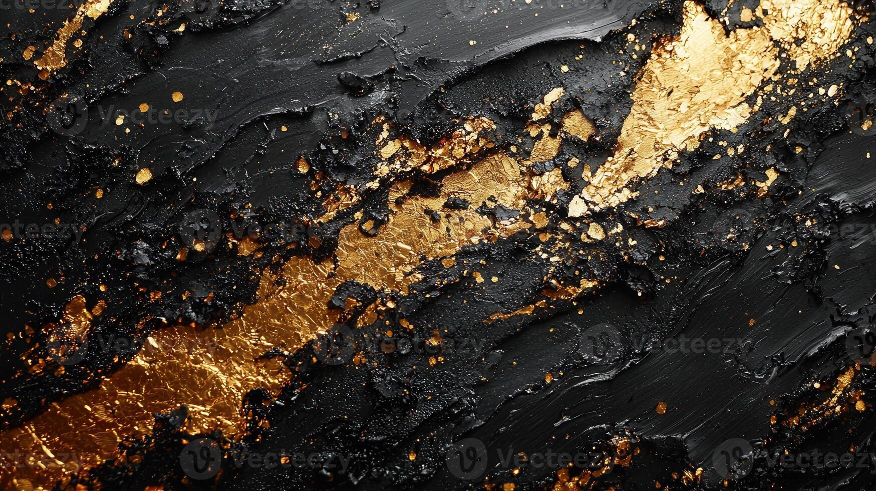 Golden paint abstract over splattering black surface, forming dynamic textured pattern with metallic sheen photo