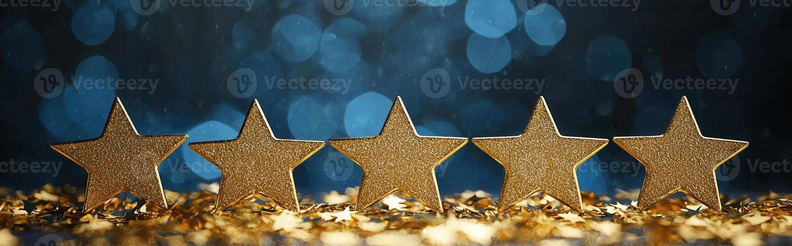 Golden stars resting on shimmering surface, surrounded by lights, bokeh and symbolizing luxury glowing celebration photo