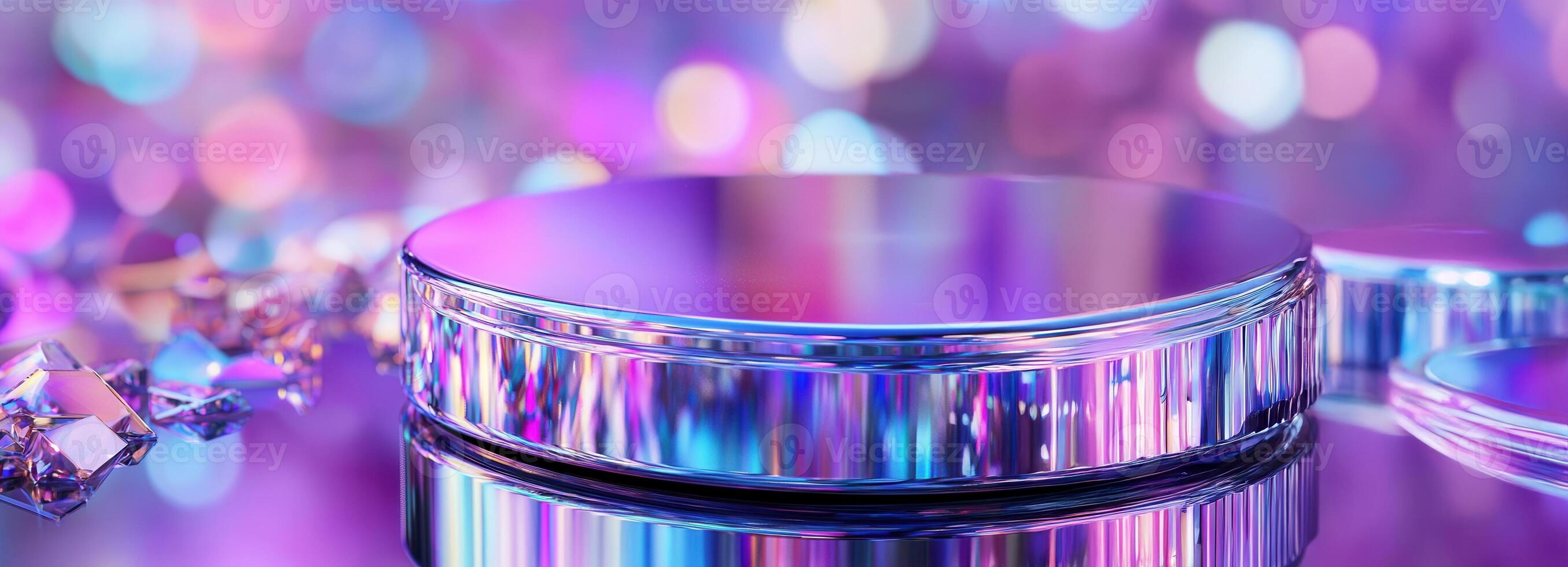 Metallic circular platform gleaming with purple bokeh lights, reflecting crystal fragments against sleek futuristic design photo