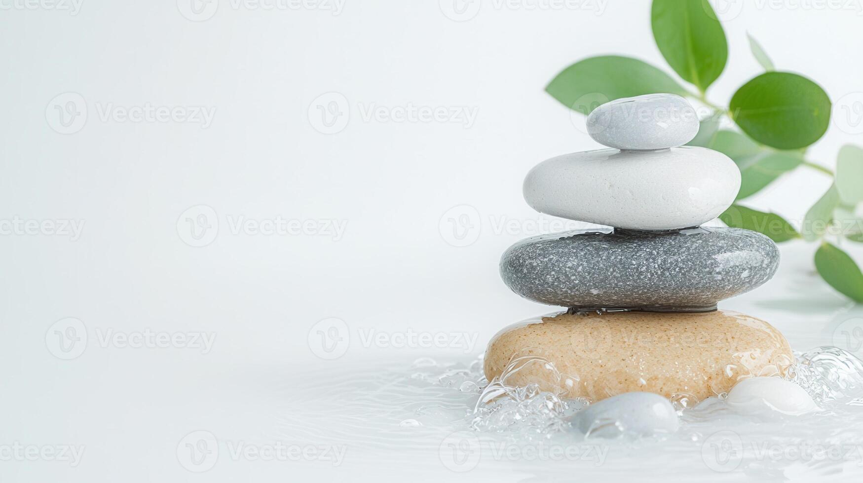 Stack of wet a pebbles with eucalyptus leaves evokes natural sense of tranquility and balanced wellness photo