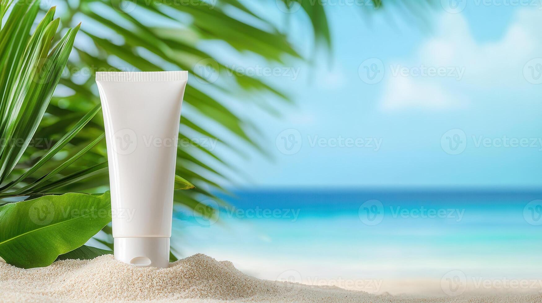 White cosmetic tube summer on white sand beach with blurred turquoise ocean and palm tree leaves, promoting standing sun protection photo