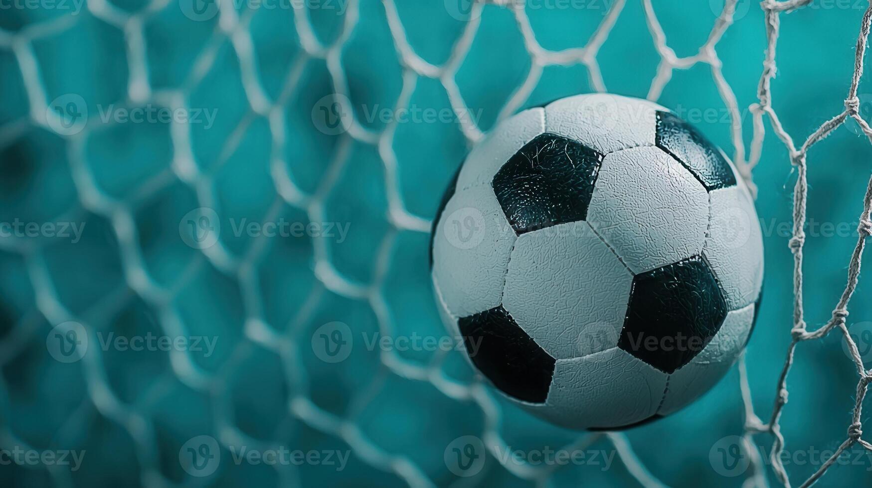 dynamic soccer ball piercing goal net, White blue toned background capturing scoring moment during intense match photo
