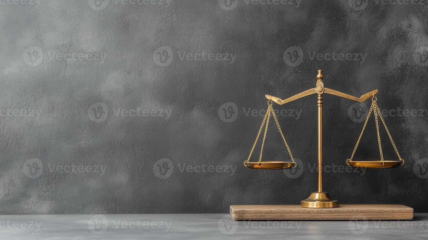 Golden scales balancing on justice, wooden base represent the concept of a law, and equality before a dark gray background photo