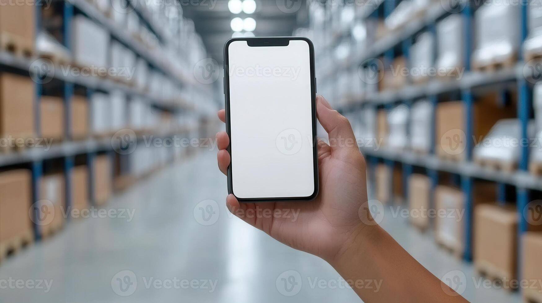Hand gripping smartphone displaying blank white screen inside warehouse, representing logistics technology and inventory management digital solutions photo