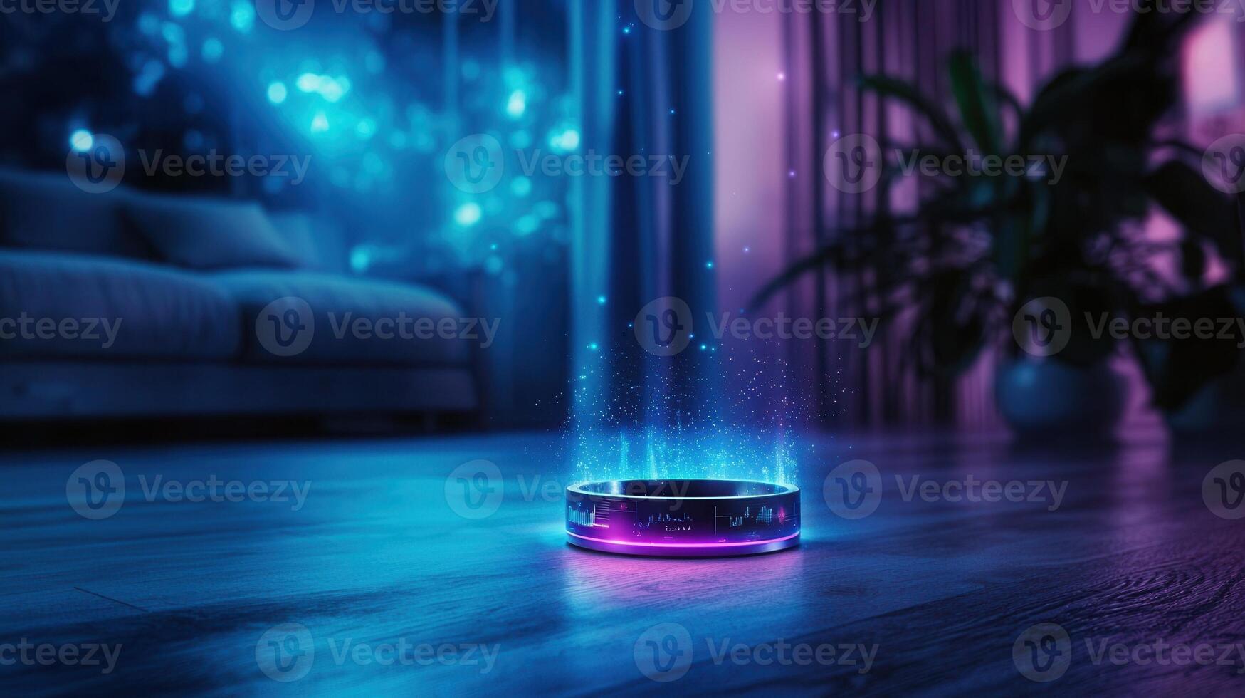 Futuristic smart ring showing glowing blue hologram lying on a wooden table with christmas lights in the background photo
