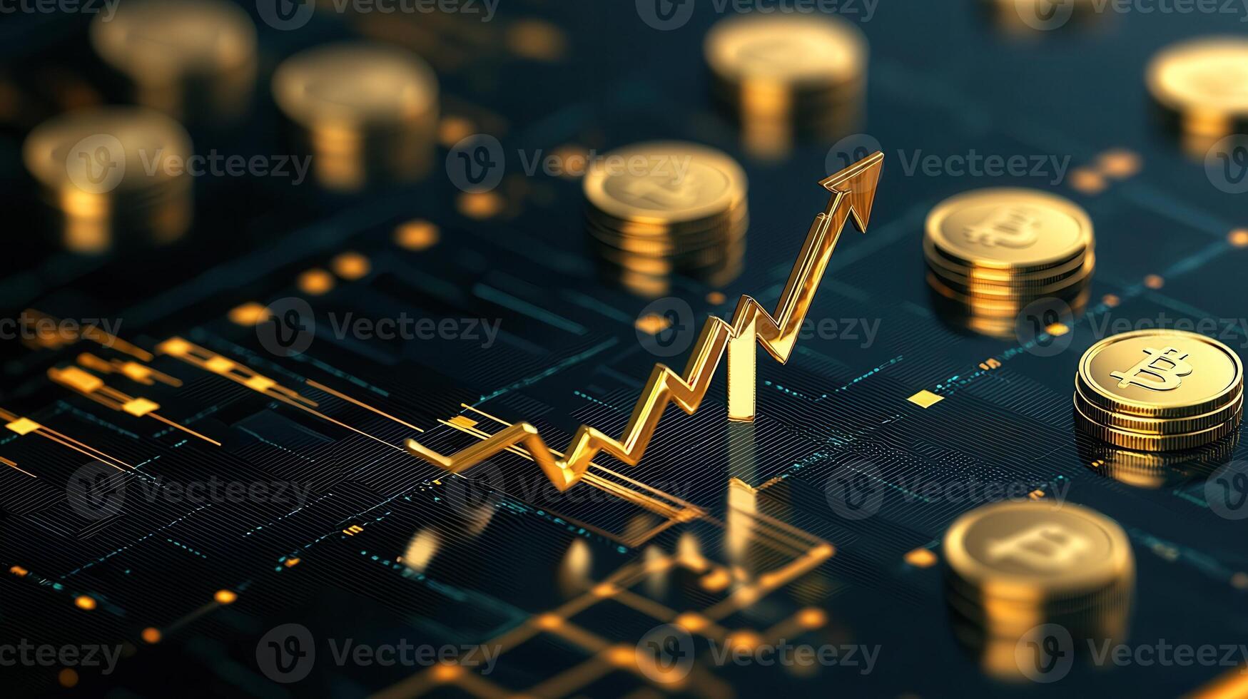 Gold coins resting on upward trending financial chart, symbolizing profitable investment strategy and economic prosperity photo