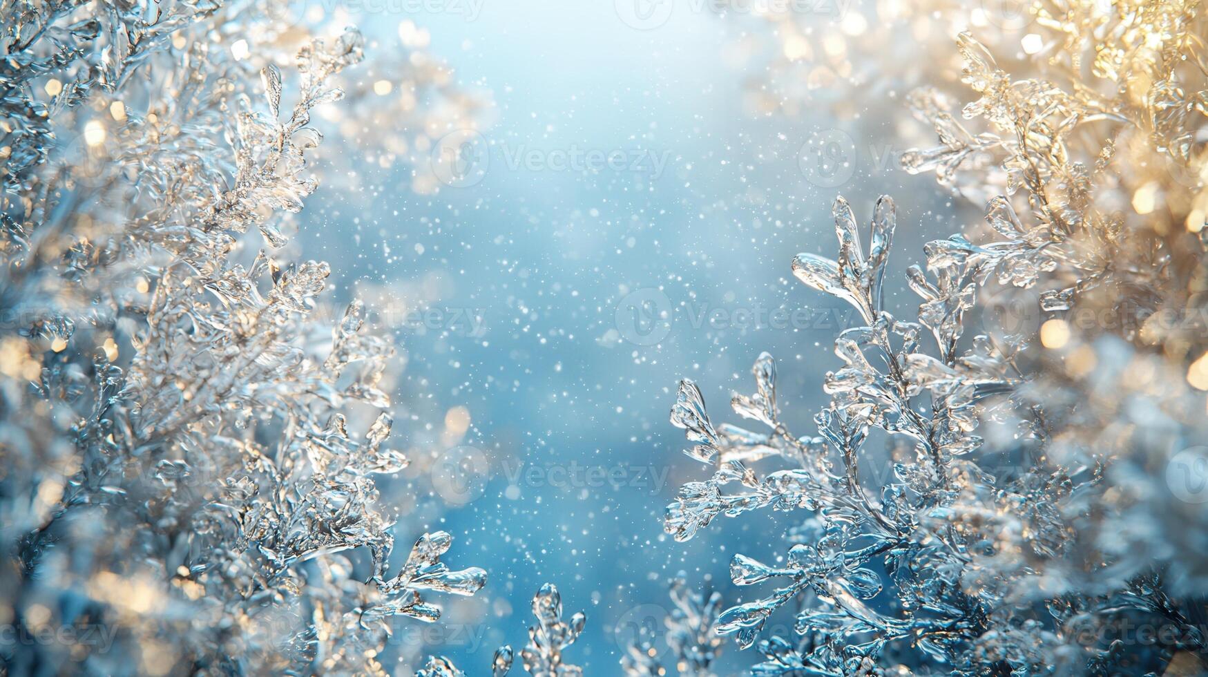 Frosty leaves sparkling under crisp winter light, intricate ice crystals surrounding delicate foliage, creating serene seasonal landscape with soft snowflake patterns photo