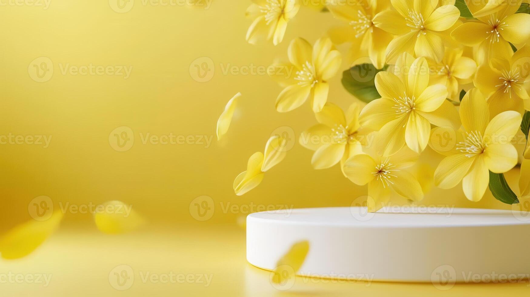 Yellow gerbera flowers falling on a white podium on a yellow background creating a vibrant and cheerful atmosphere photo