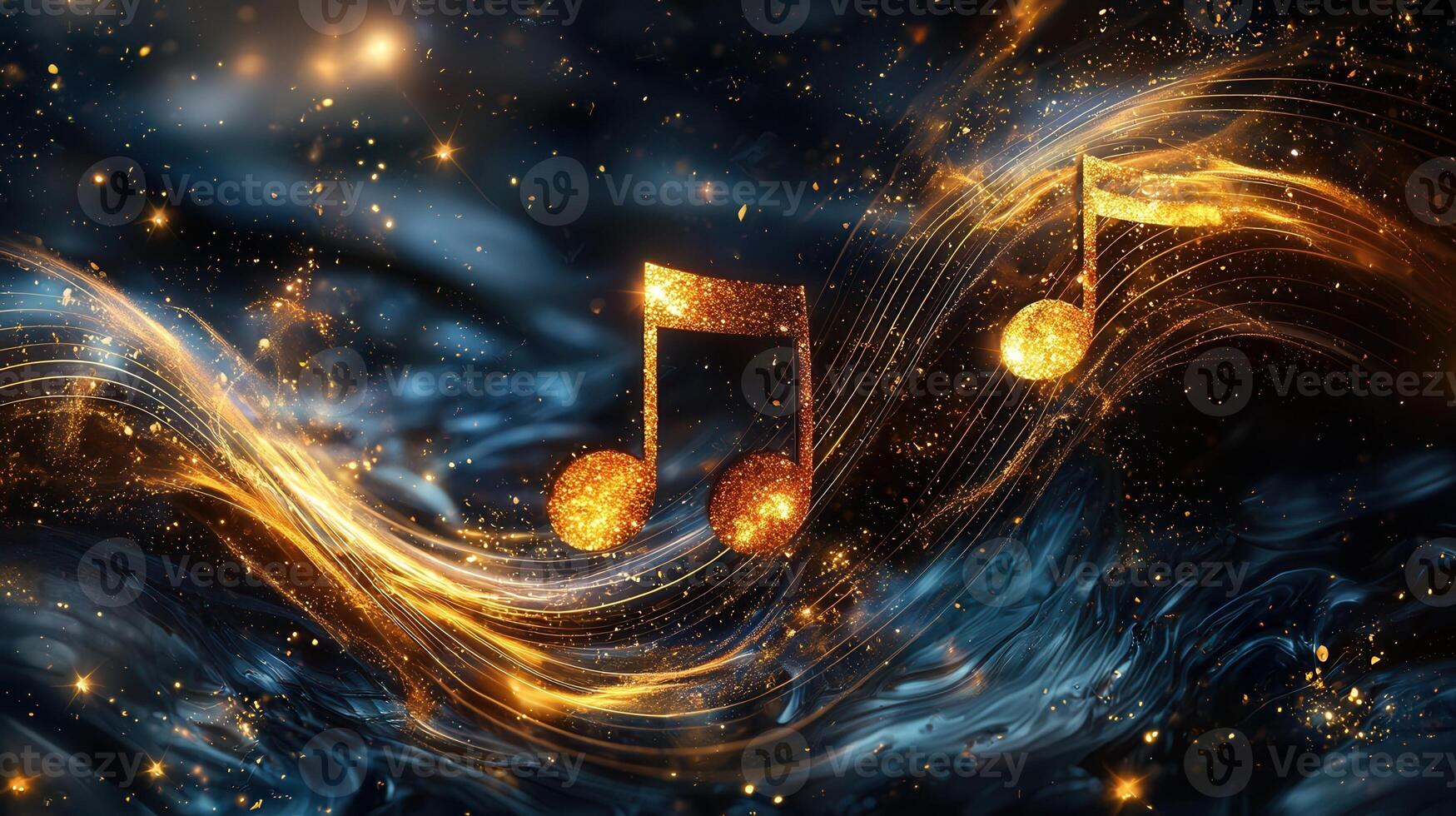 Golden music notes and a staff are floating on a sparkling background with bokeh effect, creating an abstract and magical atmosphere photo