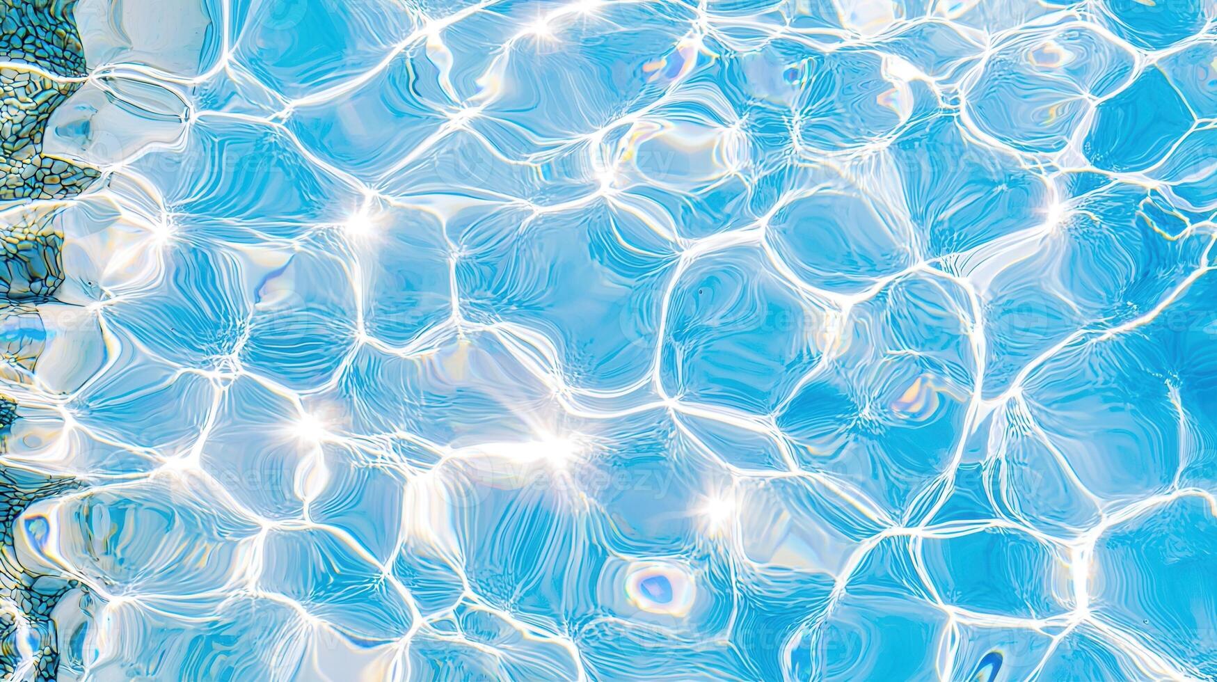 Sunlight reflecting on rippling pool surface, casting shimmering light patterns against dancing water shadows photo