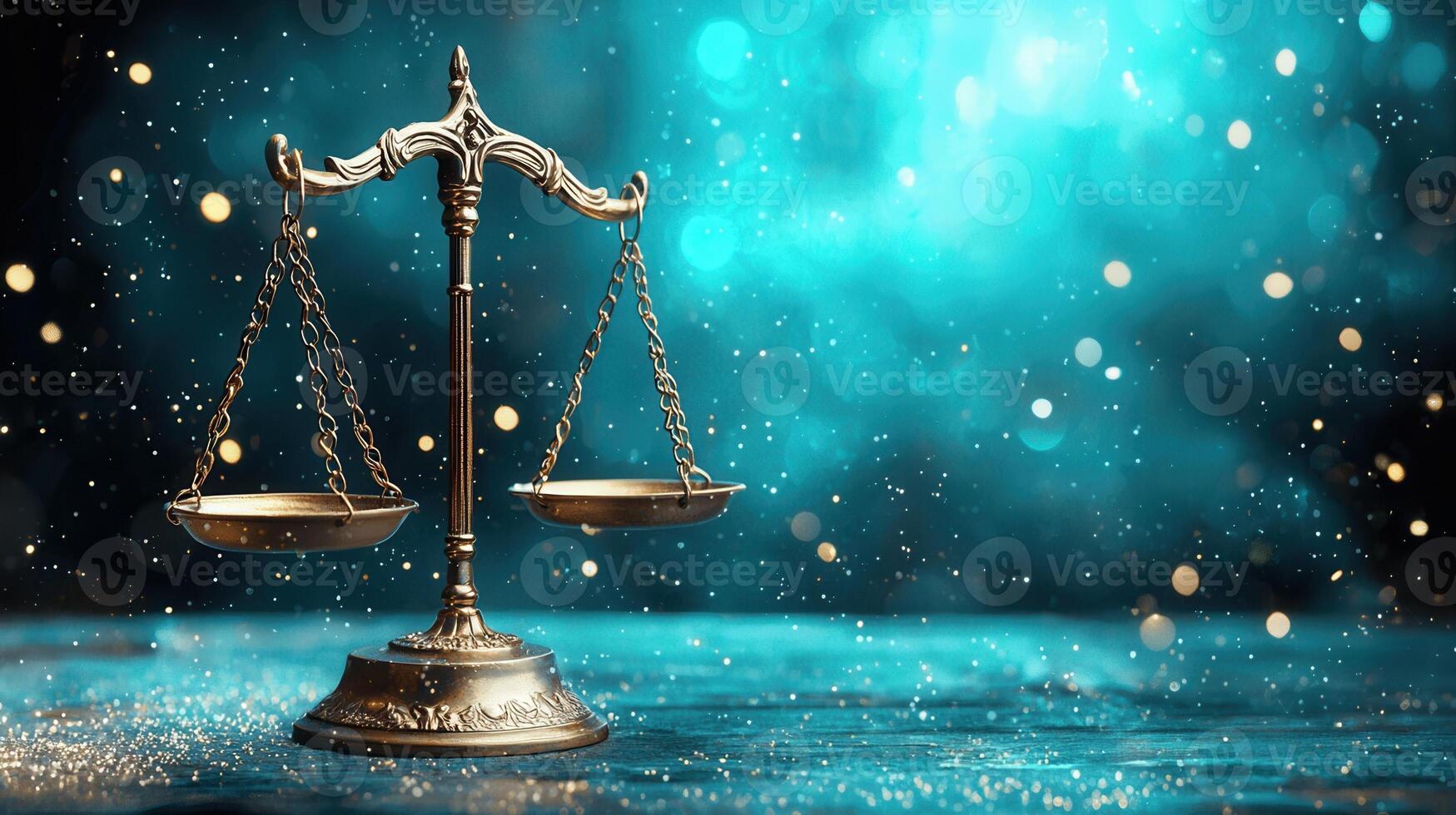 Silver scales of justice balancing on a reflective surface, representing legal concepts against a blue bokeh background photo
