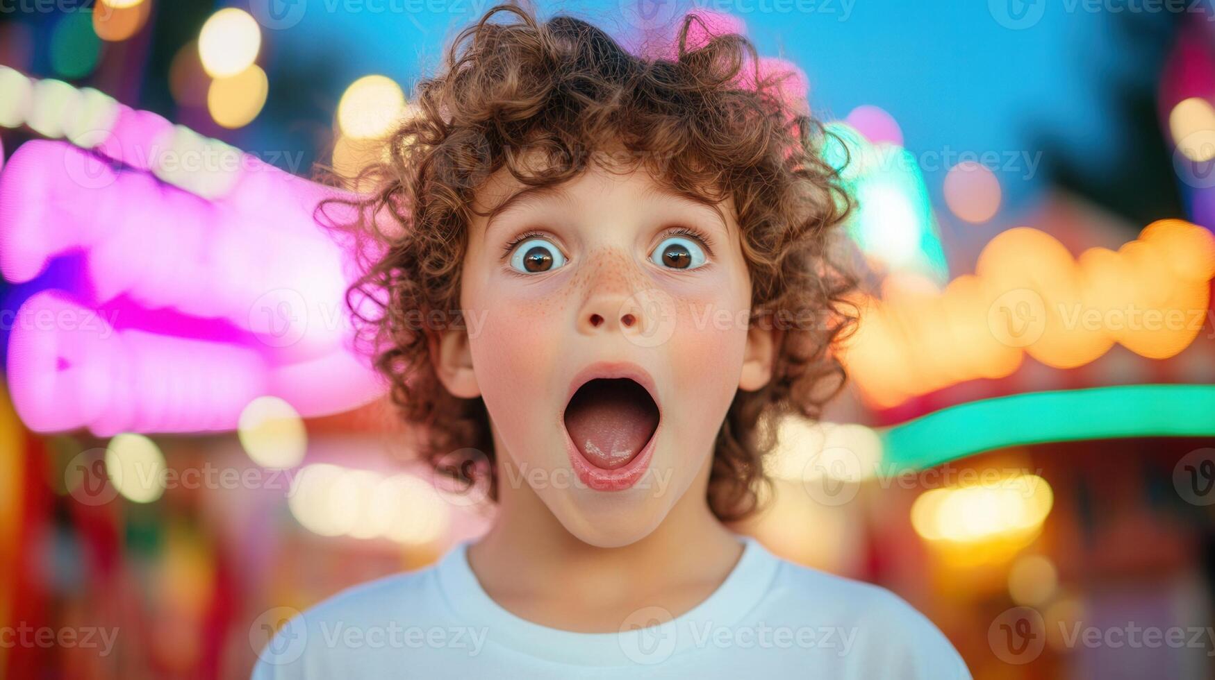 Curly happy haired portrait child boy revealing expressing surprise in eyes wonder, wide pure amazement against blurred colorful background highlighting emotional surprise photo