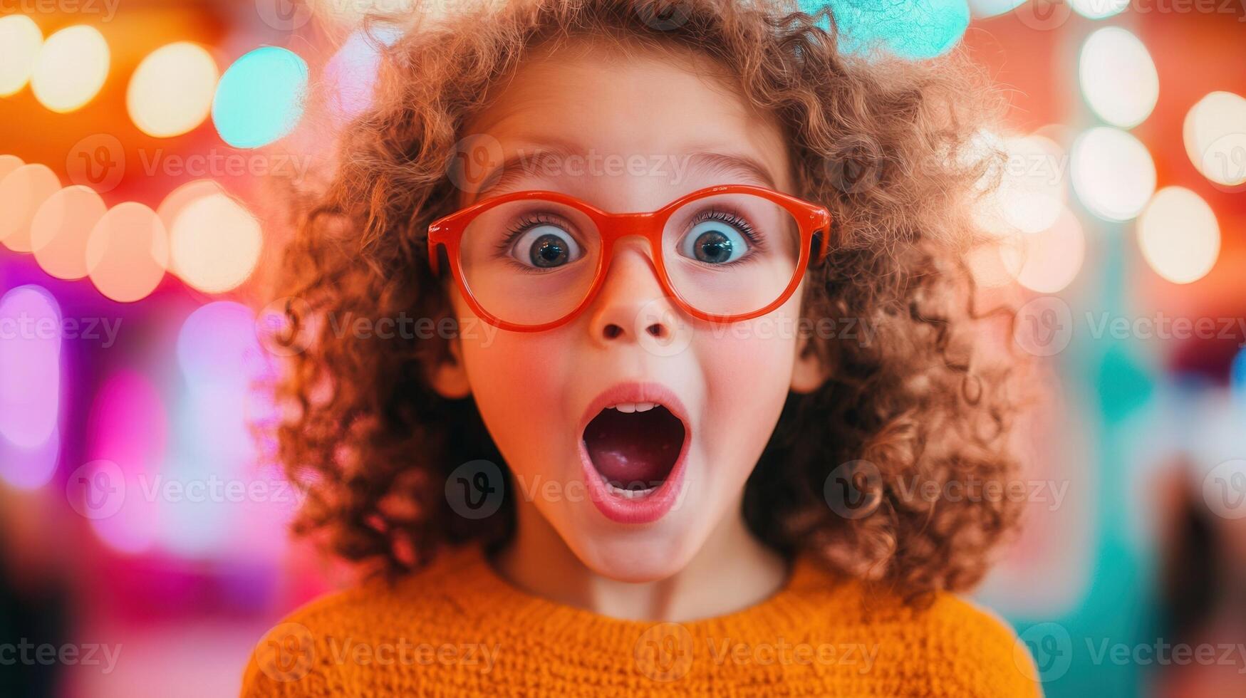 Curly happy girl haired child revealing wide surprise in eyes wonder, expressing pure amazement against blurred colorful background highlighting emotional surprise photo