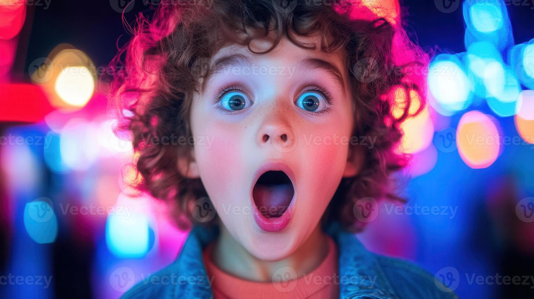 Close up Curly happy blurred portrait child boy revealing wide surprise in eyes wonder curly hair, expressing pure amazement against haired colorful background highlighting emotional surprise photo