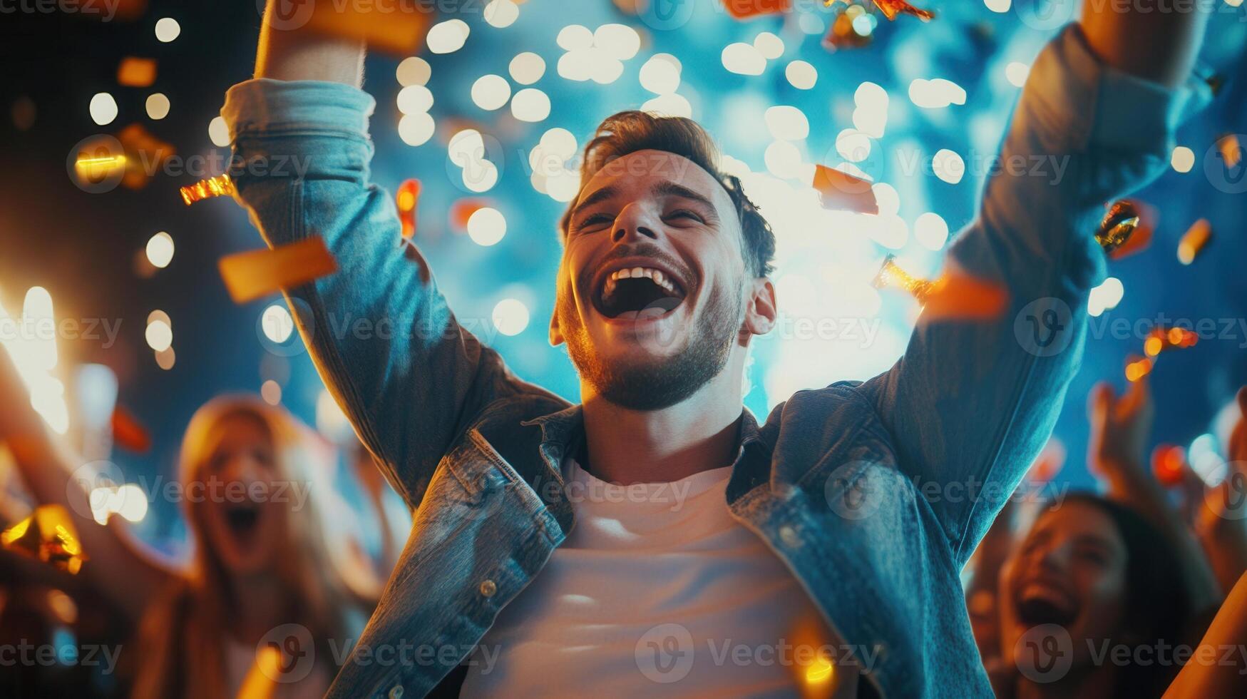 concert lighting goer raising arms, celebrating amid colorful confetti and bright stage Euphoric photo