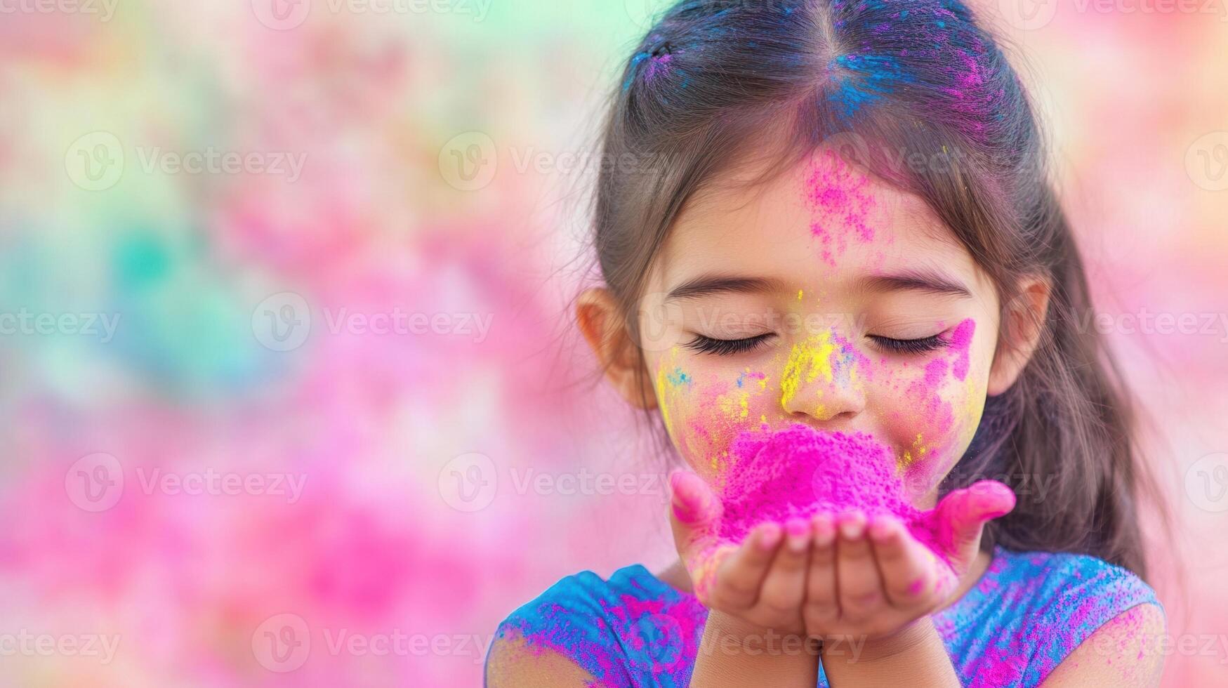 Happy child background colorful powder, celebrating holi blowing with a blurred festival, Copy space for text photo