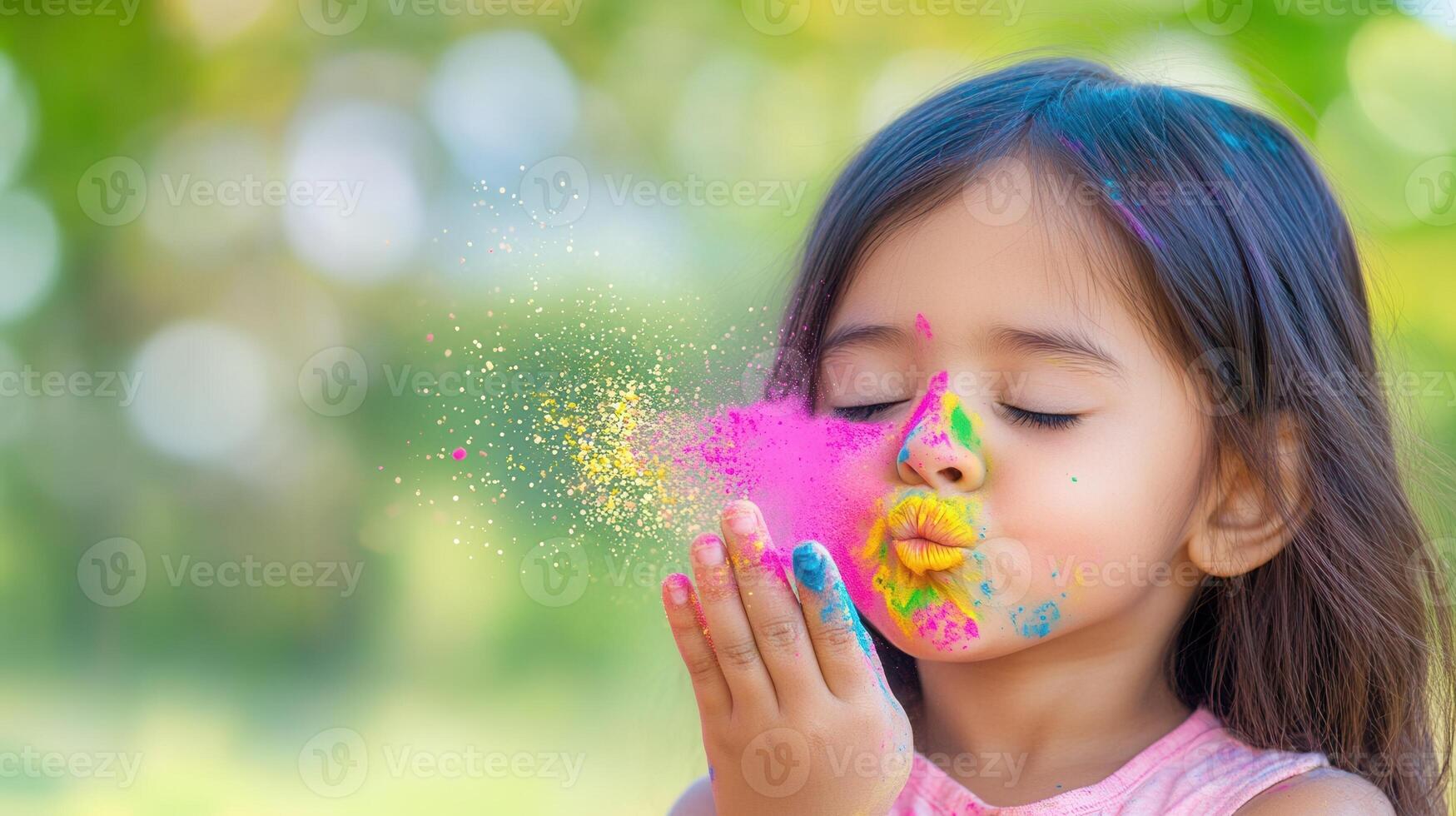 Happy child blowing blurred powder, celebrating holi festival, with a colorful green background photo