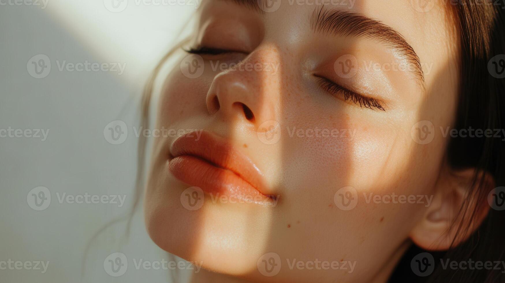 Close up clear of a beautiful woman with portrait skin care shadow, freckles white background, highlighting natural beauty and skincare Copy space for text banner photo