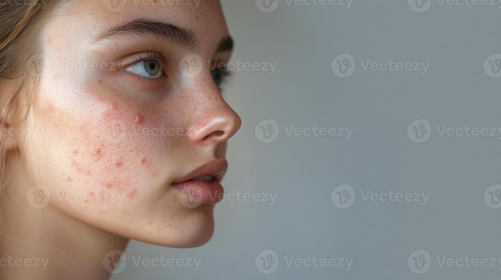 Profile portrait close up view of a young woman displaying problematic text characterized by acne, pimples redness, and various blemishes on her face Copy space for skin cosmetology photo
