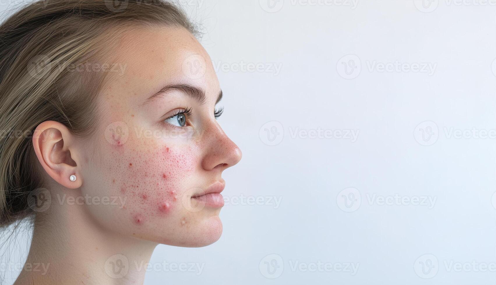 Profile close for view of up young woman displaying problematic skin characterized by acne, pimples redness, and various blemishes on her face Copy space a text photo