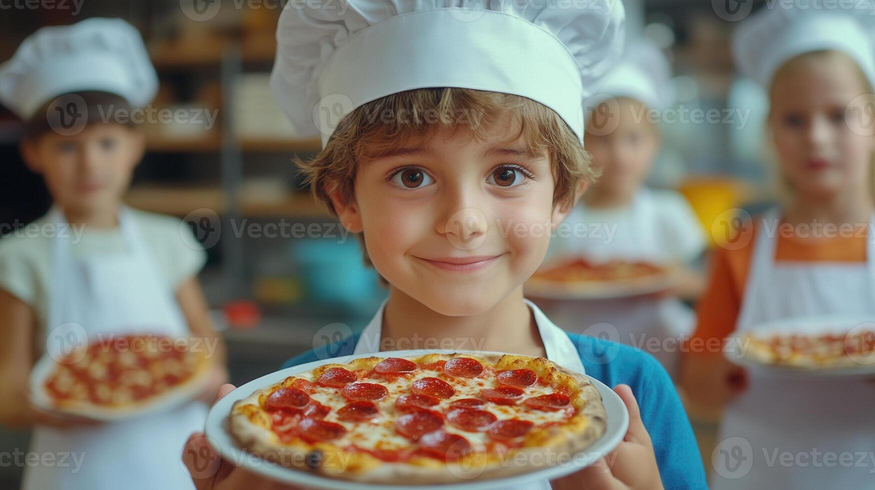 setting young chef boy proudly presenting homemade pepperoni pizza food in professional kitchen Smiling photo