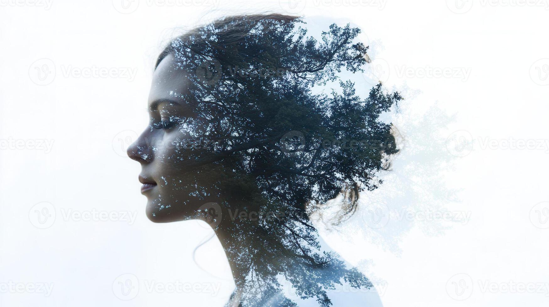 Woman's face silhouette merging with verdant green tree double exposure, symbolizing organic connection between human form and natural landscape Copy space for text photo