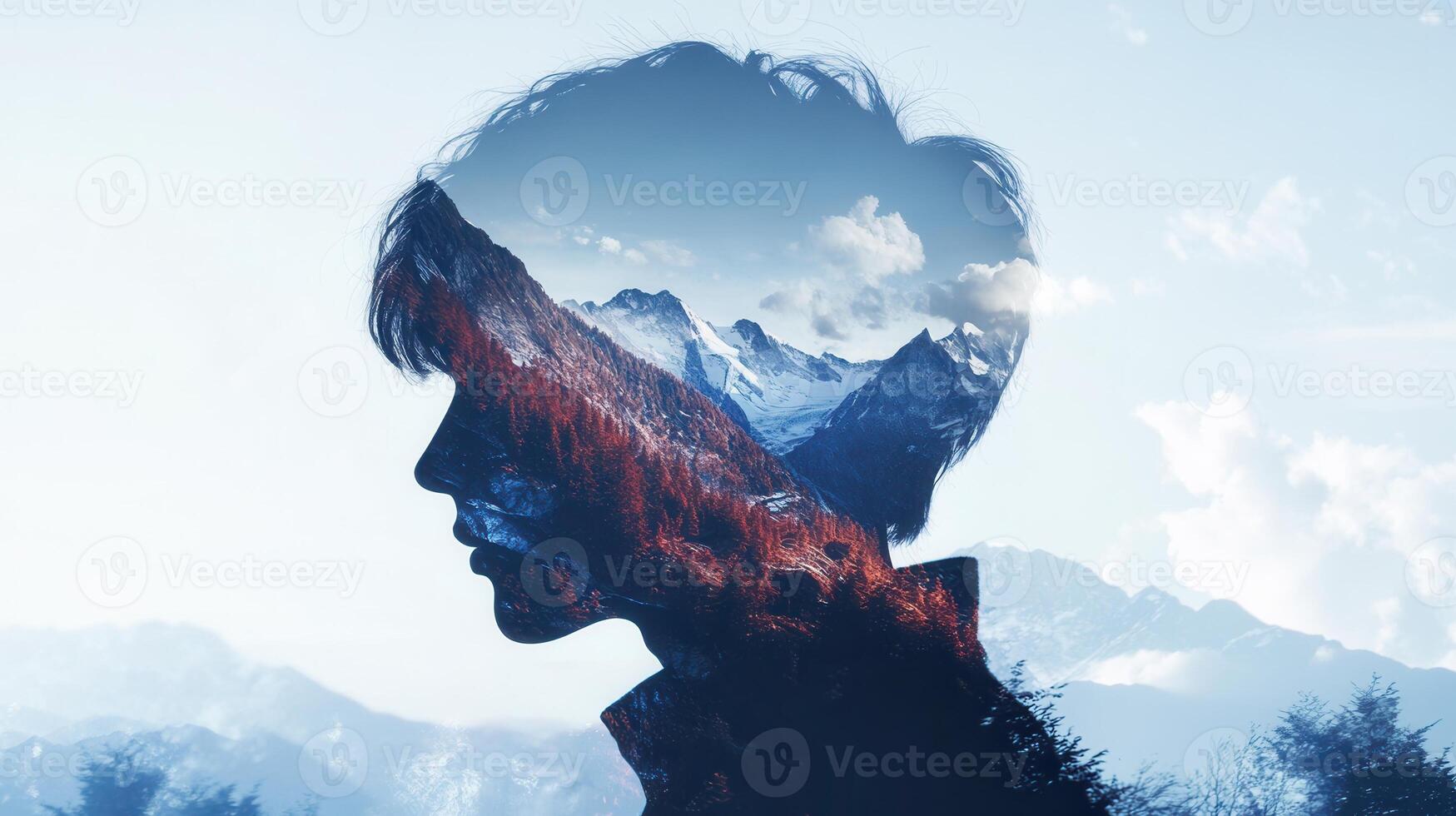 Double exposure image of man containing silhouette profile mountain landscape with trees, snow and clouds photo