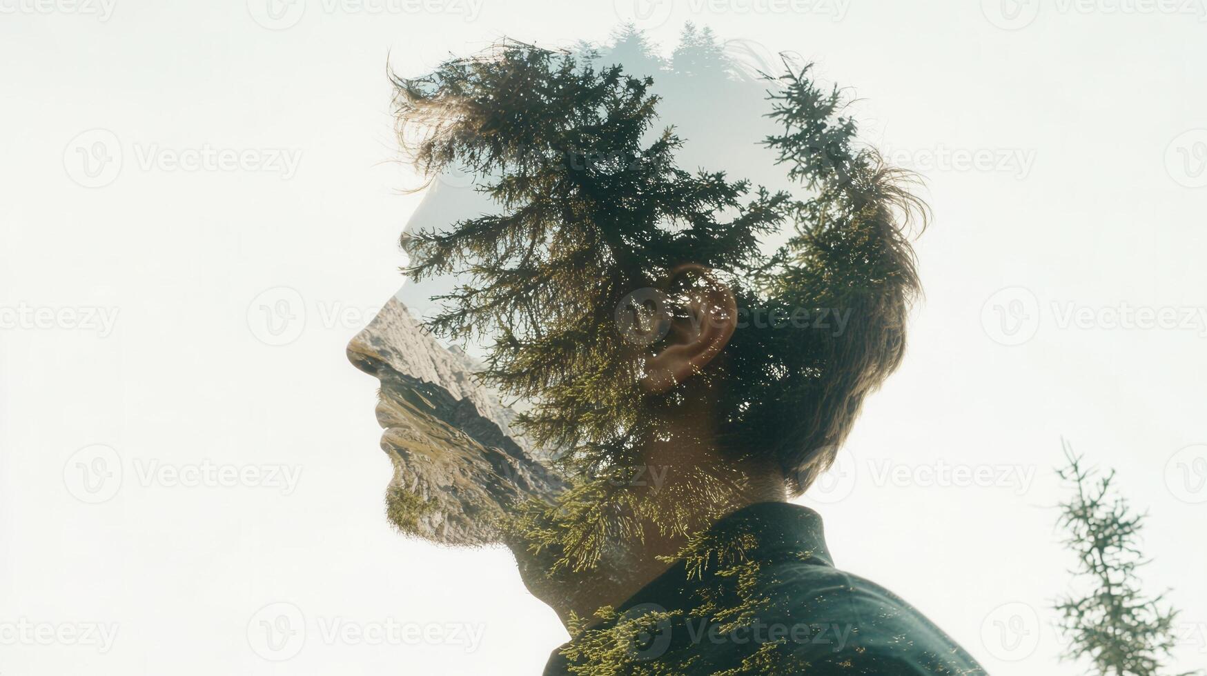 Mountain landscape merging with human man silhouette, depicting inner wilderness, personal journey through tranquil snowcapped terrain photo
