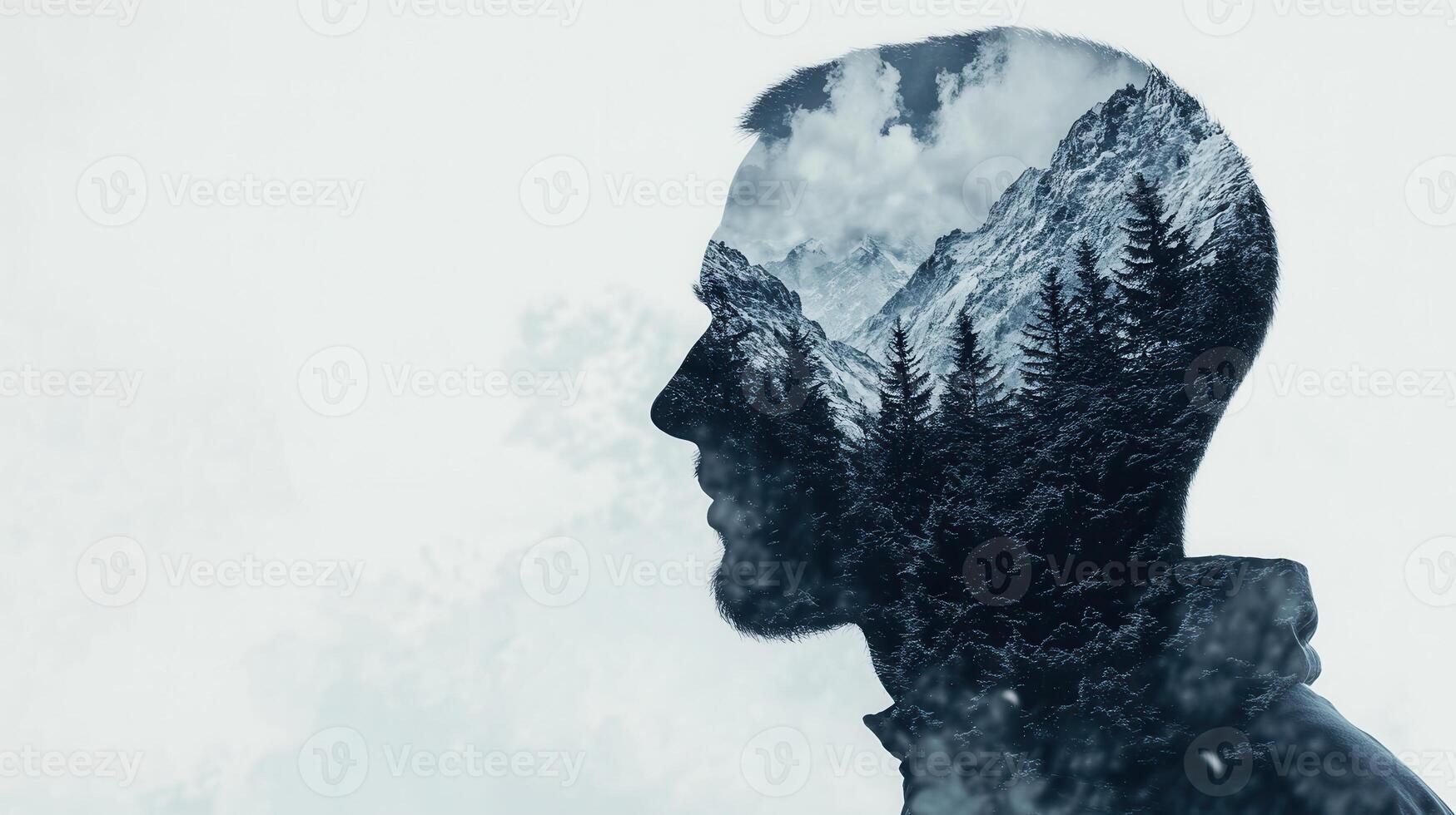 Mountain landscape merging with human silhouette, depicting inner wilderness, personal text through tranquil snowcapped journey Copy space for terrain photo