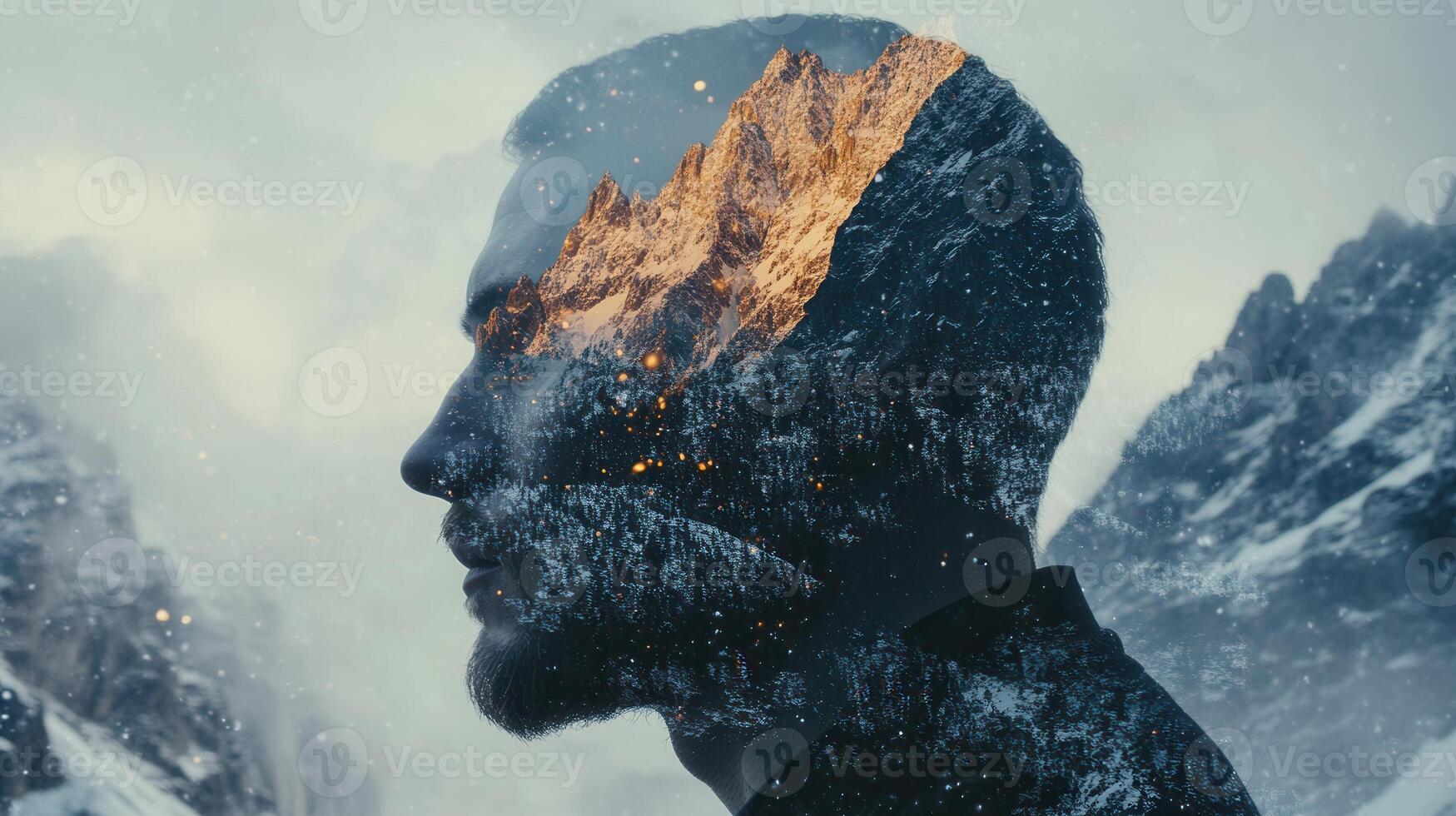 merging landscape journey with human man silhouette, depicting inner wilderness, personal Mountain through tranquil snowcapped terrain travel photo