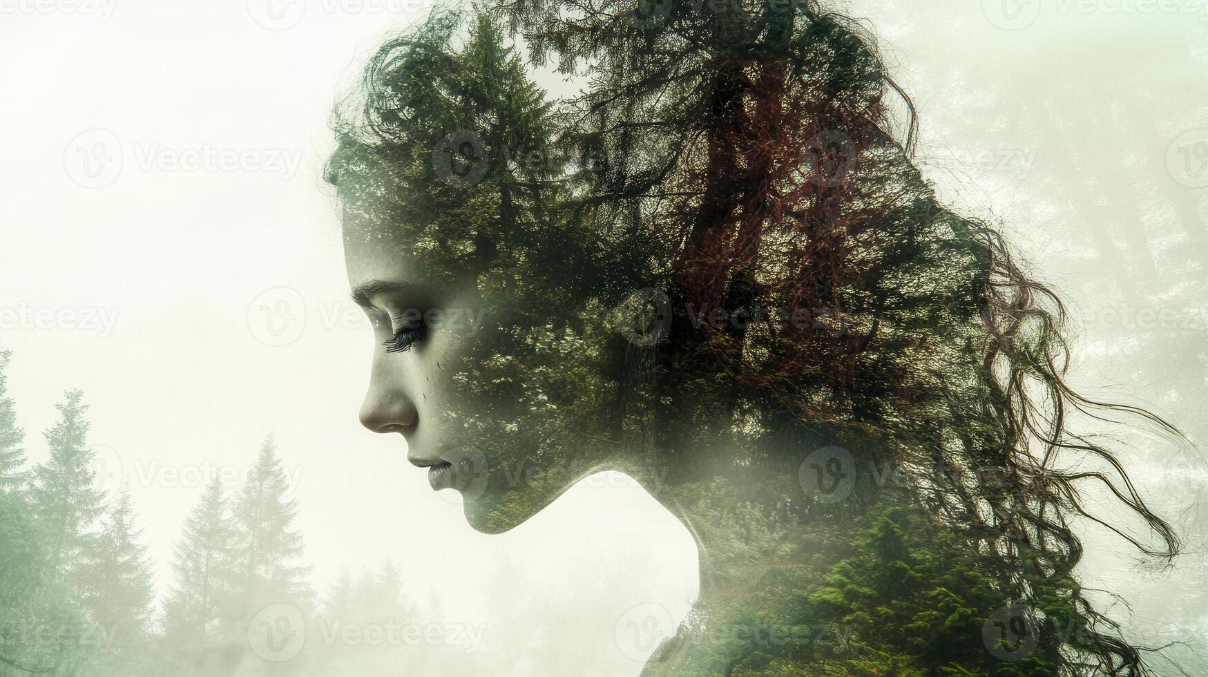 Surreal elf of beautiful portrait woman merging with enchanted forest, symbolizing mystical connection between magic nature and fantasy photo