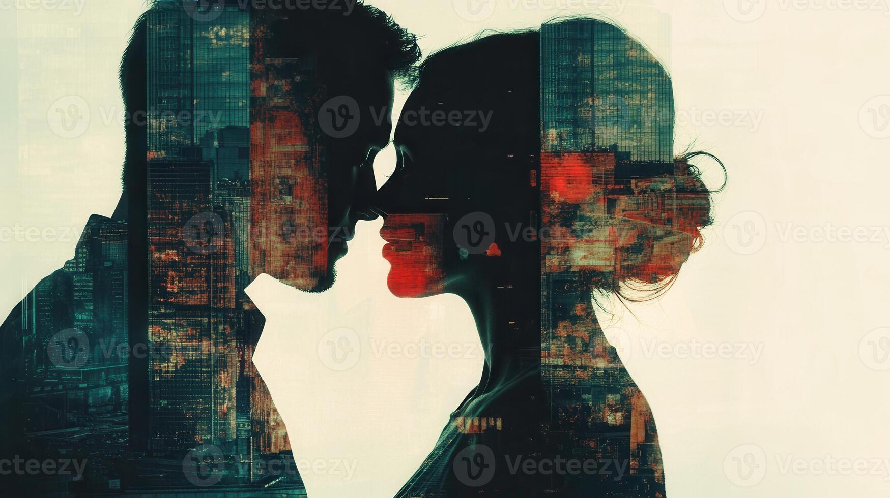 Couple love embracing, silhouetted against sunset urban landscape, merging through ethereal double exposure photography technique valentine photo