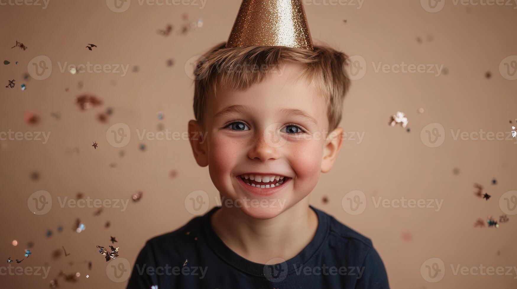 Cheerful child boy 10 years celebrating in golden birthday hat, beaming holiday colorful confetti and soft festive lighting, marking milestone celebration party amid photo