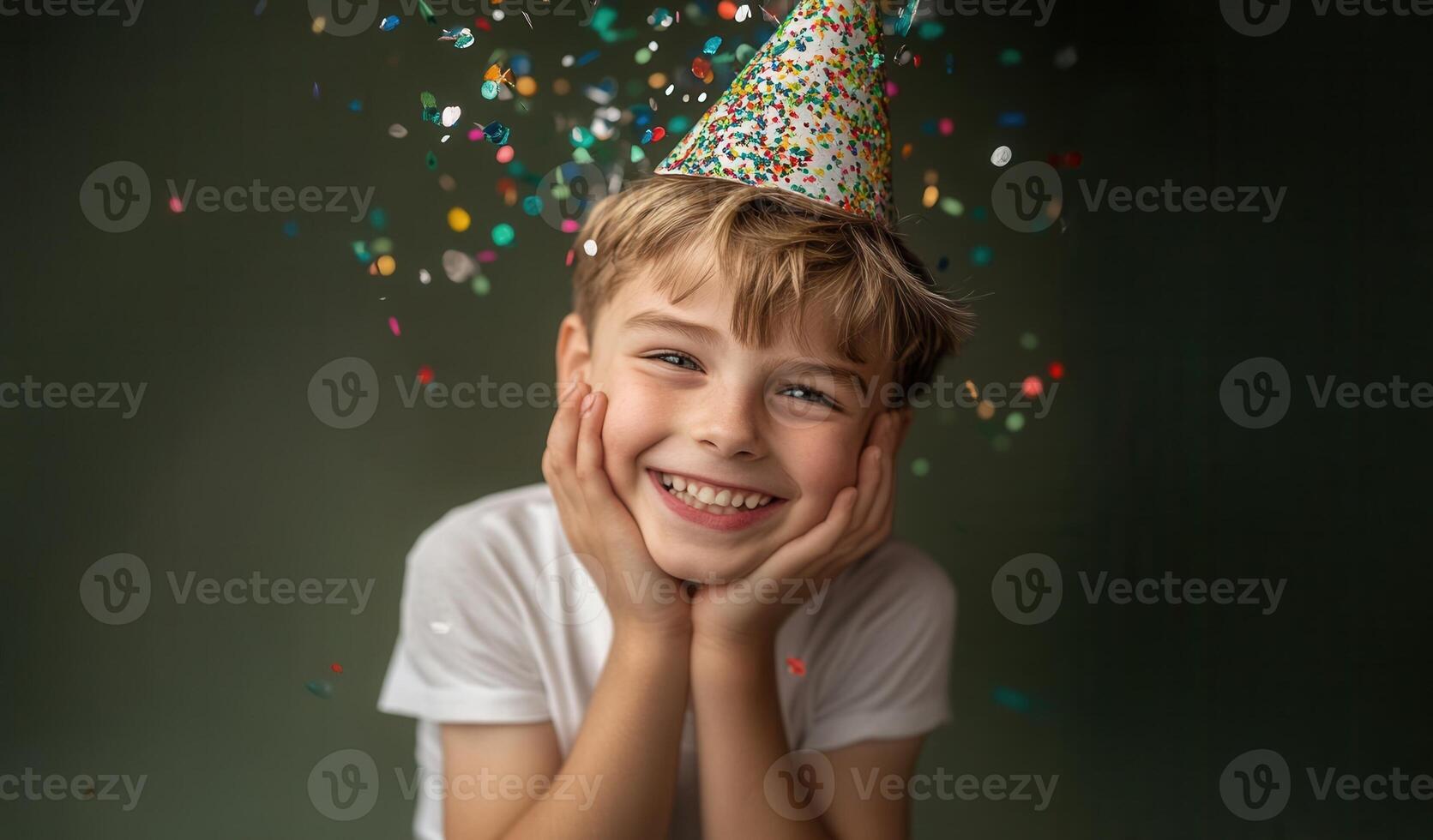 Cheerful child party 10 years celebrating in golden birthday hat, beaming amid colorful confetti and soft festive lighting, marking milestone celebration boy photo