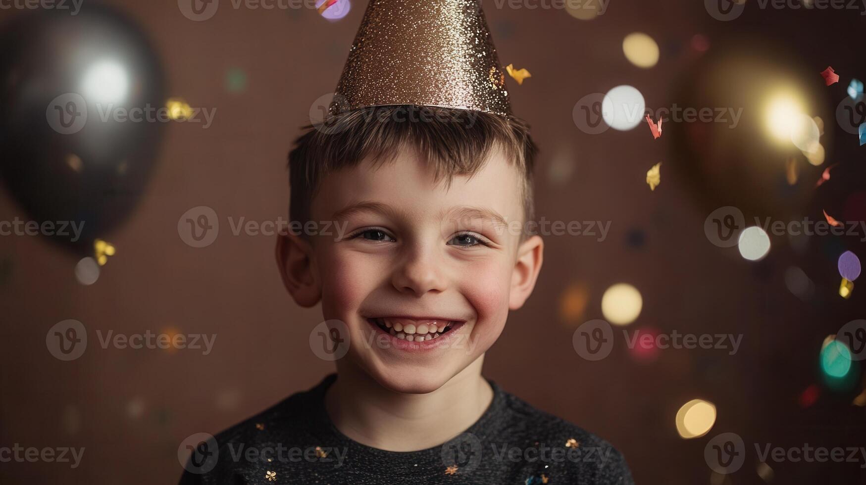 happy child boy 10 years celebrating, wearing party, big smile, professional birthday hat, confetti, studio birthday background photo