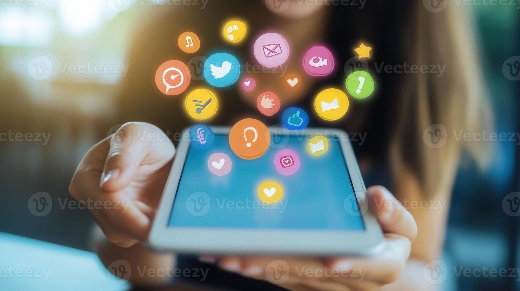 Female professional browsing digital tablet, vibrant social media symbols hovering, network modern communication illustrating photo