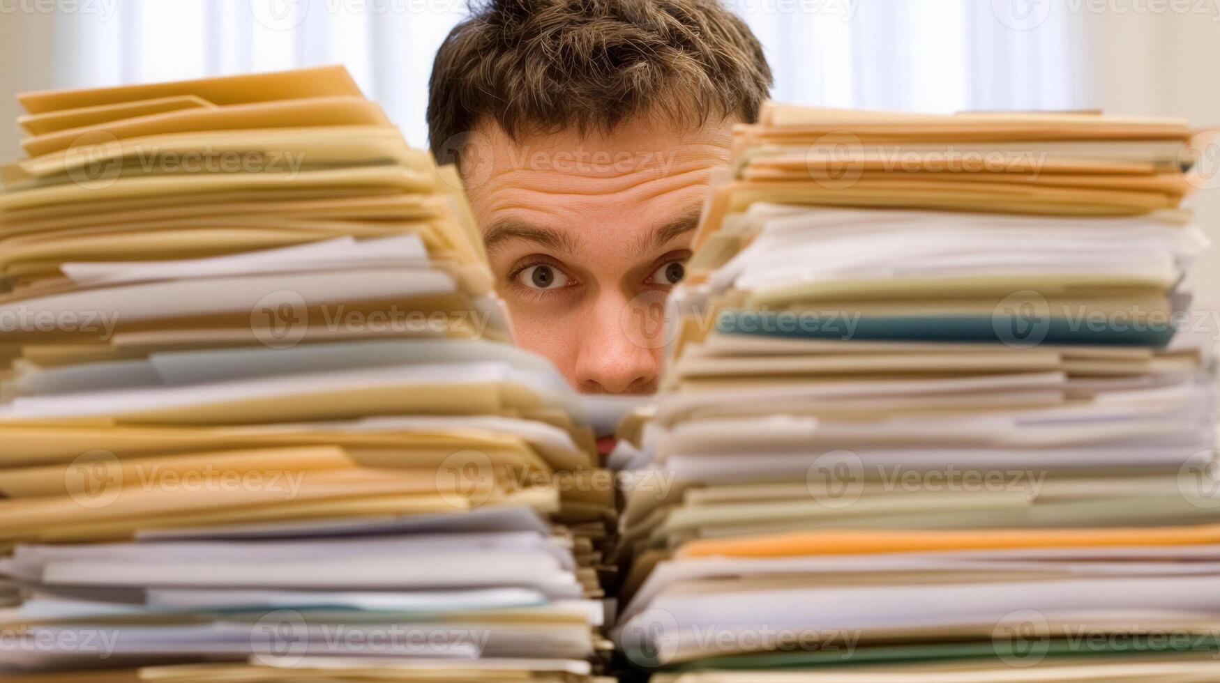 Stressed businessman drowning in paperwork, peeking from behind massive document stacks within cluttered workplace environment photo