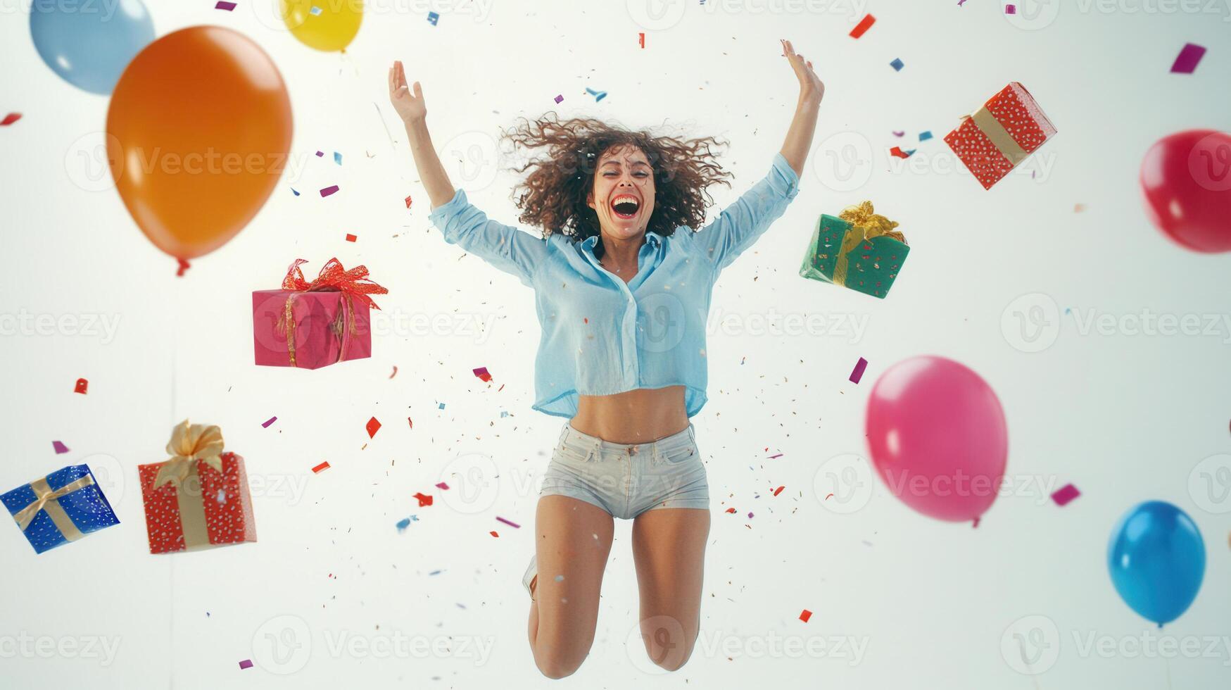 Jubilant festive smile woman leaping surprise amid colorful balloons, wrapped presents, falling confetti during jumping birthday celebration photo