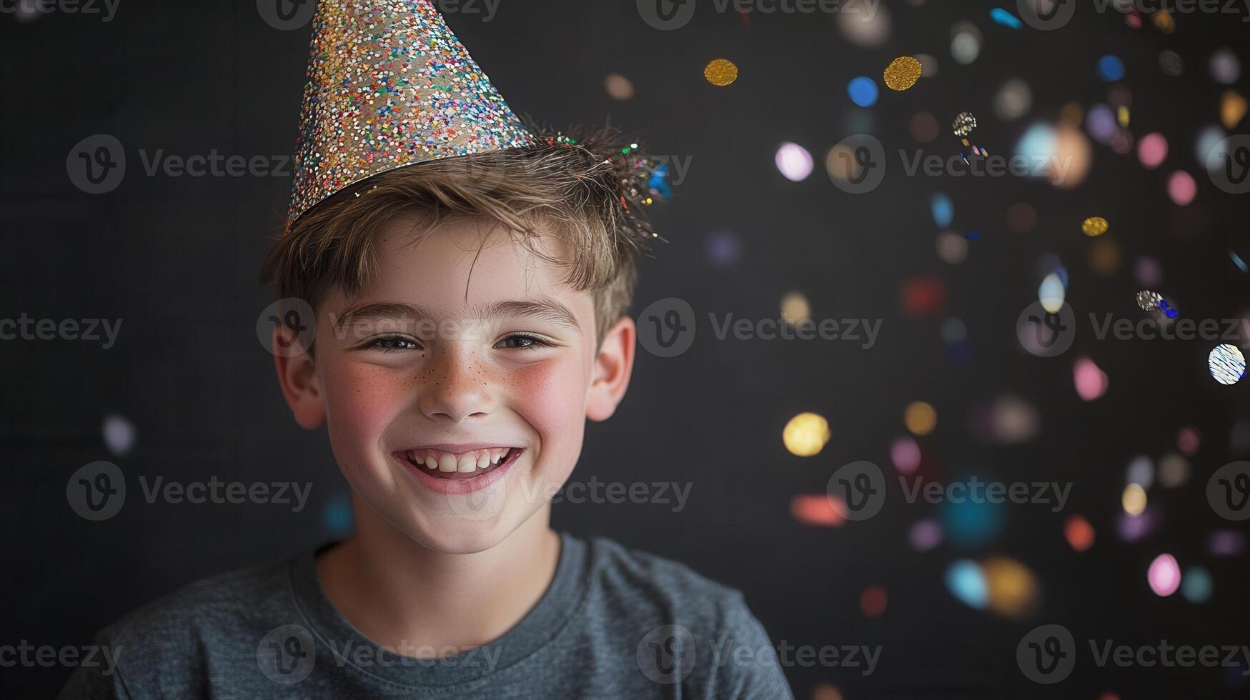 happy boy 10 years background celebrating, party, big smile, wearing birthday hat, confetti, studio professional birthday photo