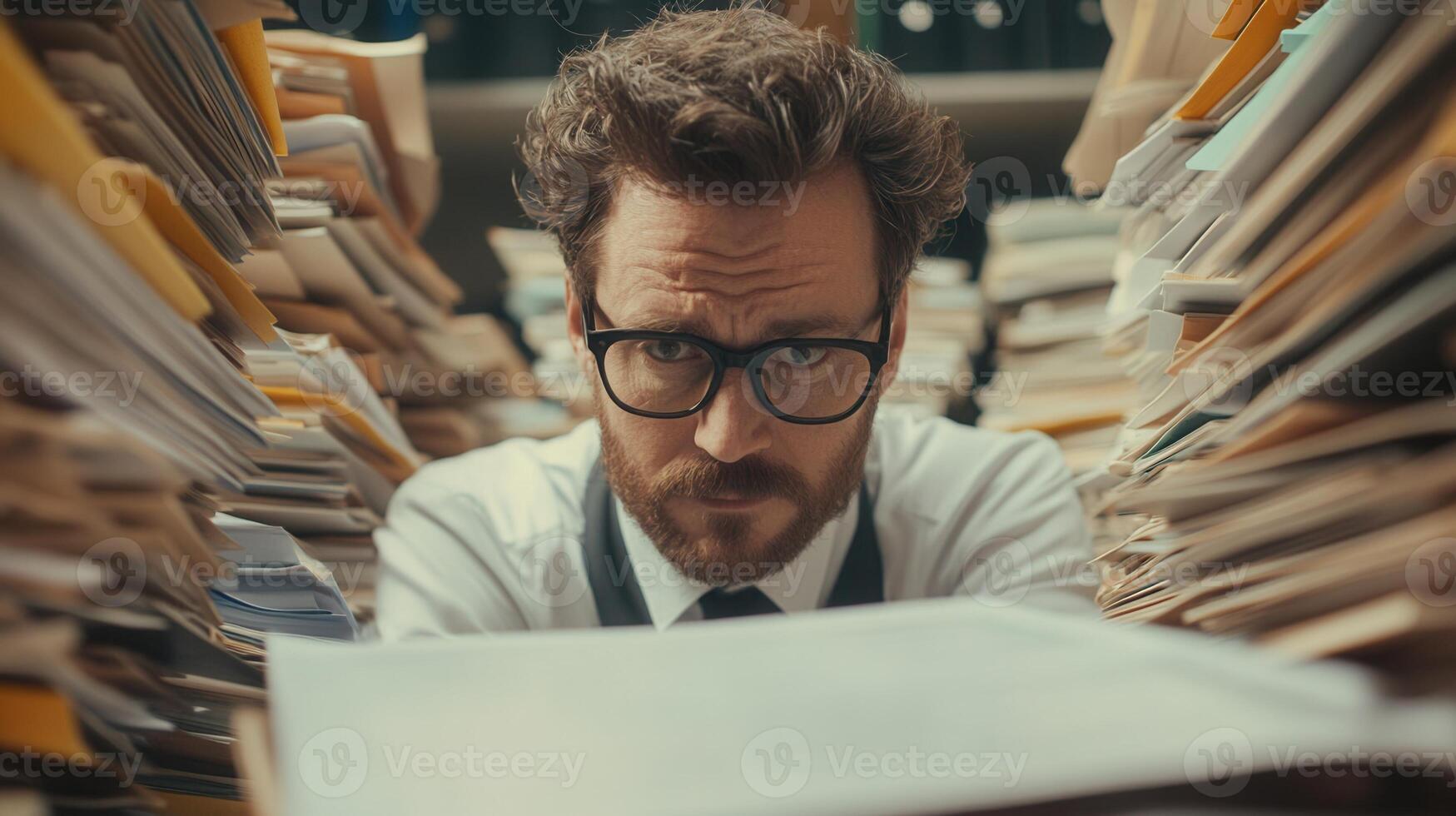 Professional Businessman working late at night, checking documents in a messy office, by surrounded stacks of paperwork surrounded by folders photo