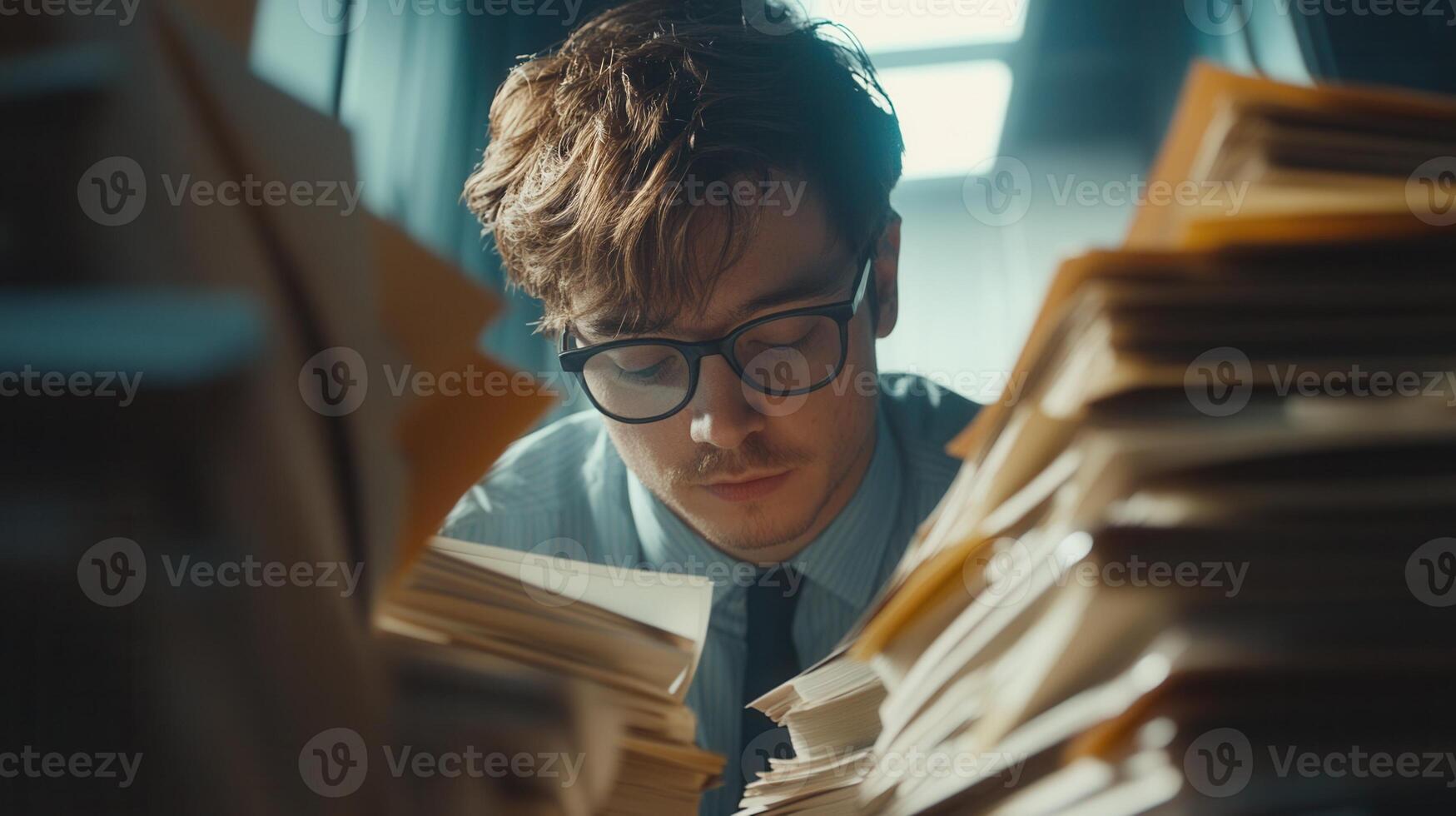 Stressed administrative businessman drowning workplace paperwork, peeking from in massive document stacks within cluttered behind environment photo