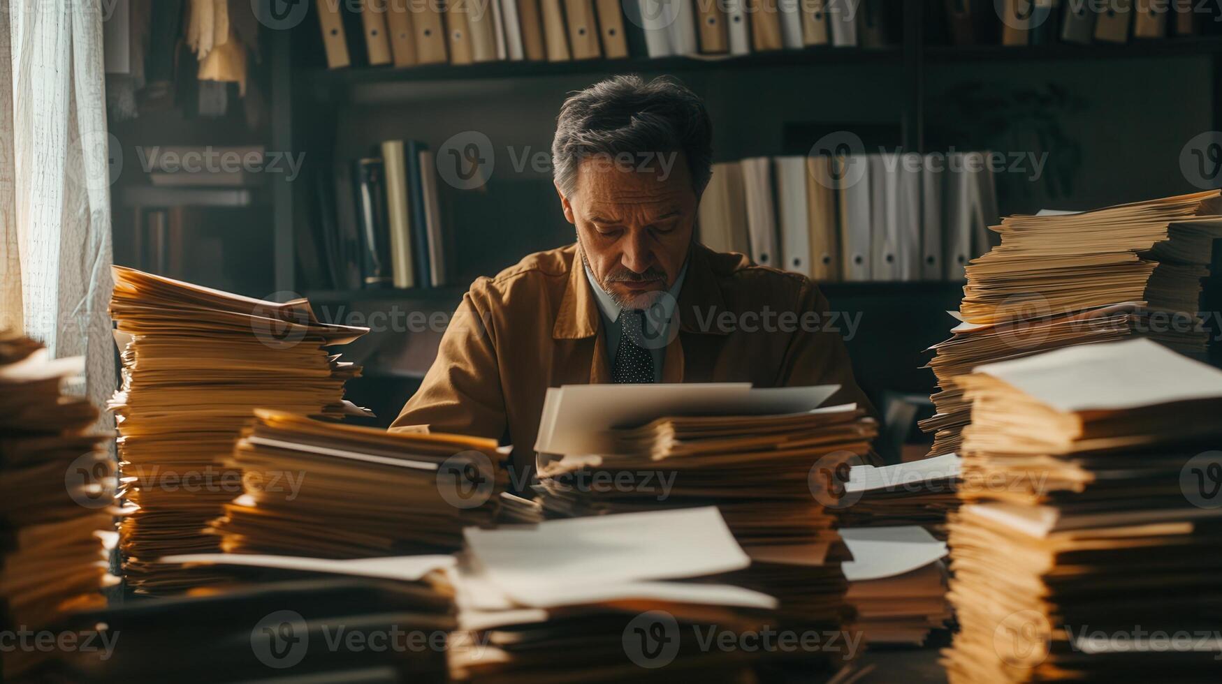 Businessman working late at night, checking documents in folders messy office, surrounded by stacks of paperwork surrounded by a photo