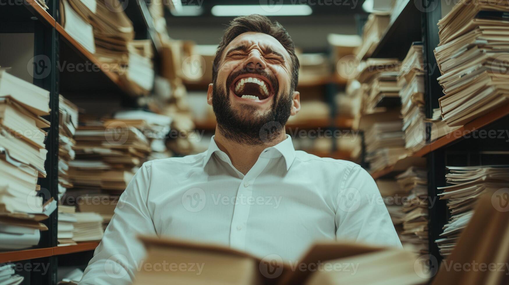 Librarian laughing, browsing vintage document stacks in dimly lit archive photo