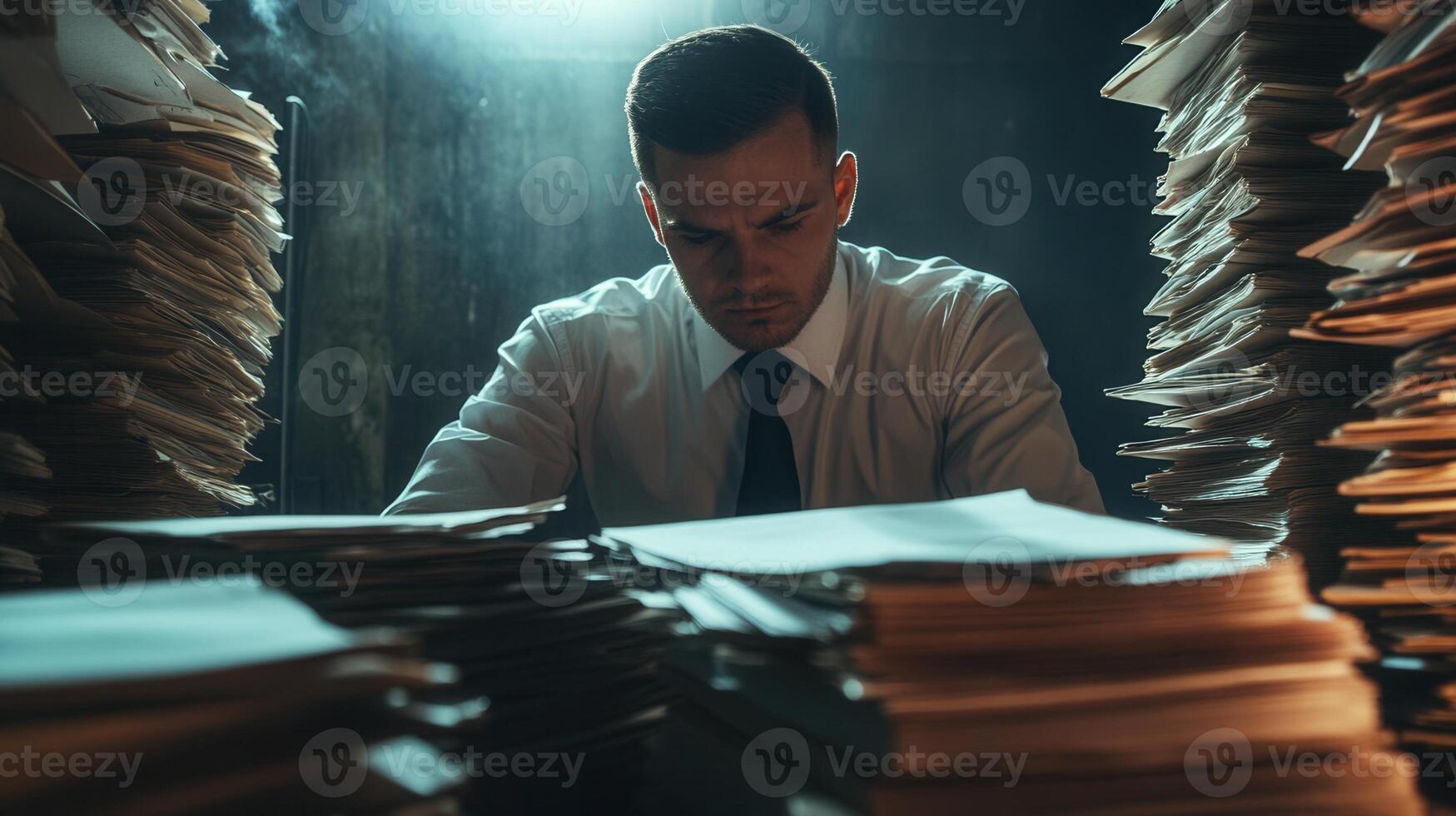 Businessman surrounded late at night, checking documents in a messy office, and by stacks of paperwork surrounded by folders working documents photo