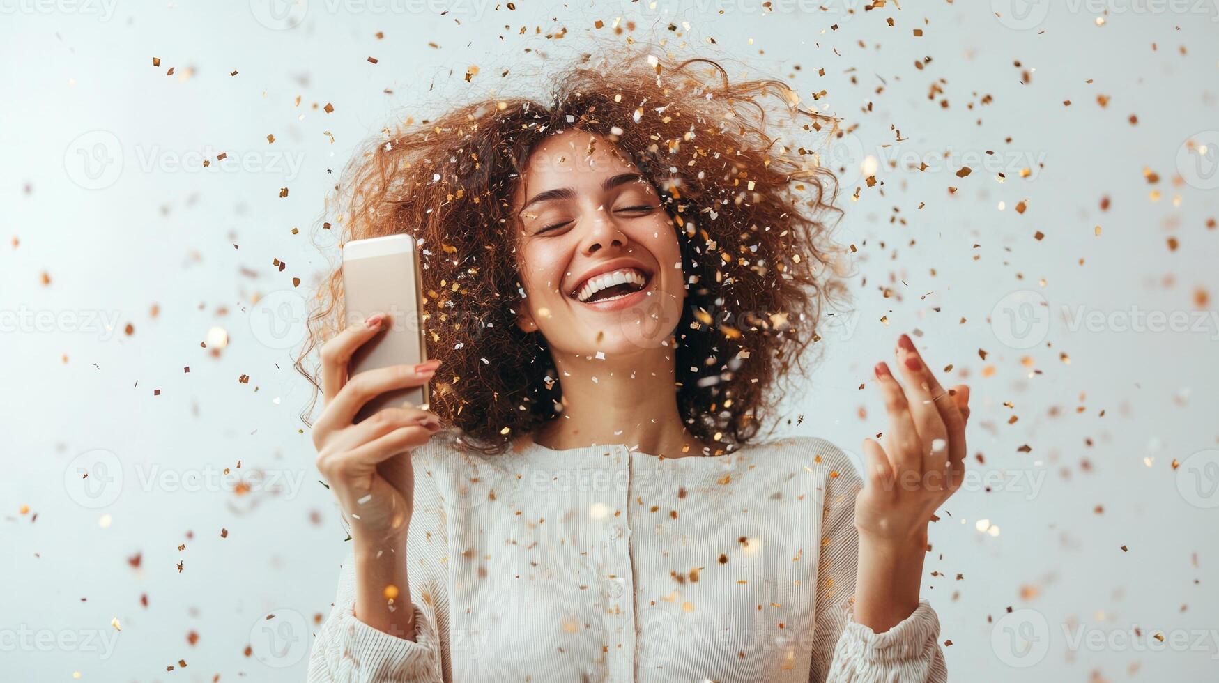 Joyful woman reading swirling, message on smart phone, golden confetti positive celebrating personal triumph with radiant expression photo
