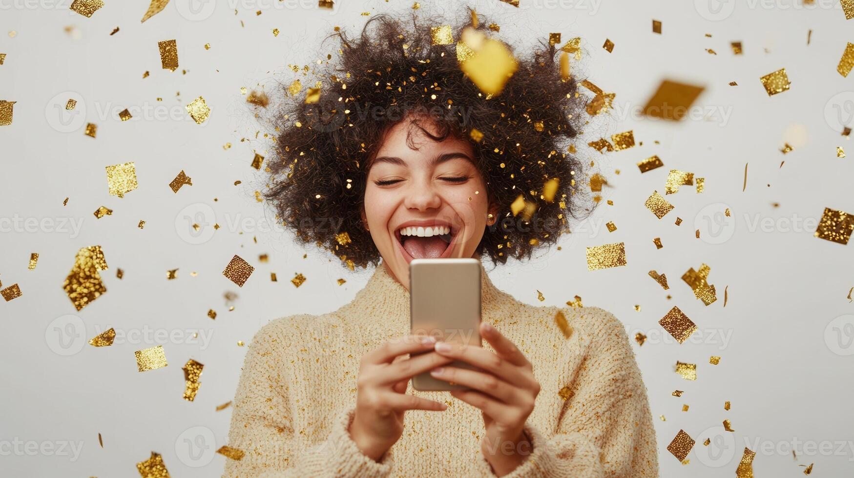 Joyful woman reading positive message on smartphone, golden expression swirling, celebrating personal confetti with radiant triumph photo