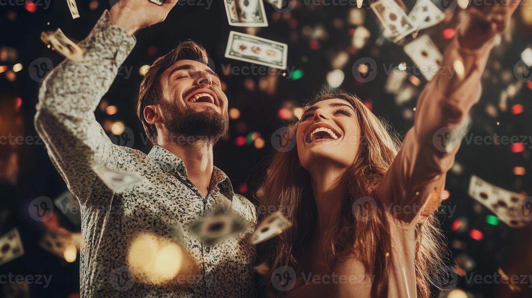 Ecstatic couple lottery winner banknotes, tossing jubilantly radiating pure joy and financial triumph in celebratory moment photo