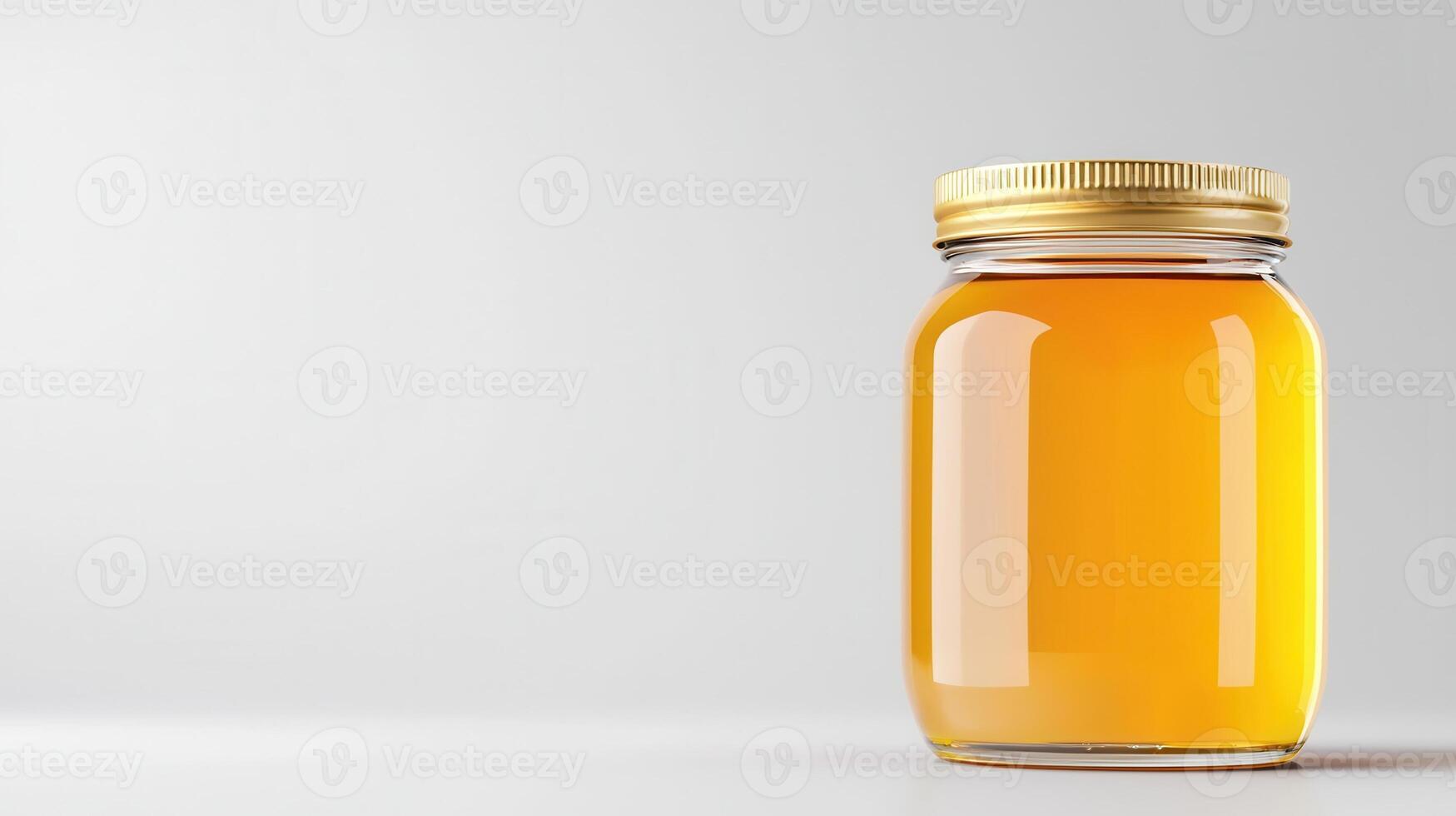 Honey fills a glass jar with a silver light on lid, placed on a white surface against a screw gray backdrop photo