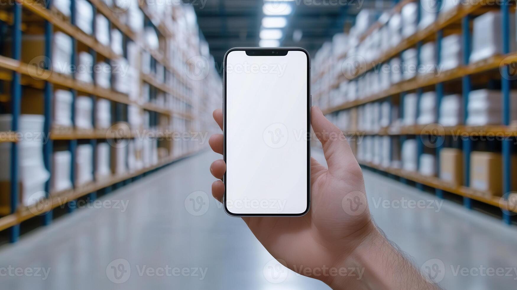 Hand gripping smartphone displaying blank white screen inside and representing logistics technology warehouse, inventory management digital solutions photo