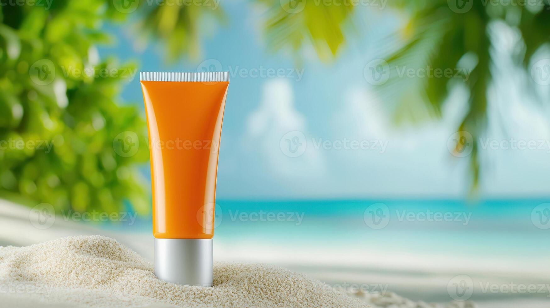 Sunscreen lotion in protection tube standing on white sand with blurred palm trees and turquoise ocean orange the background, promoting sun in during summer vacation photo